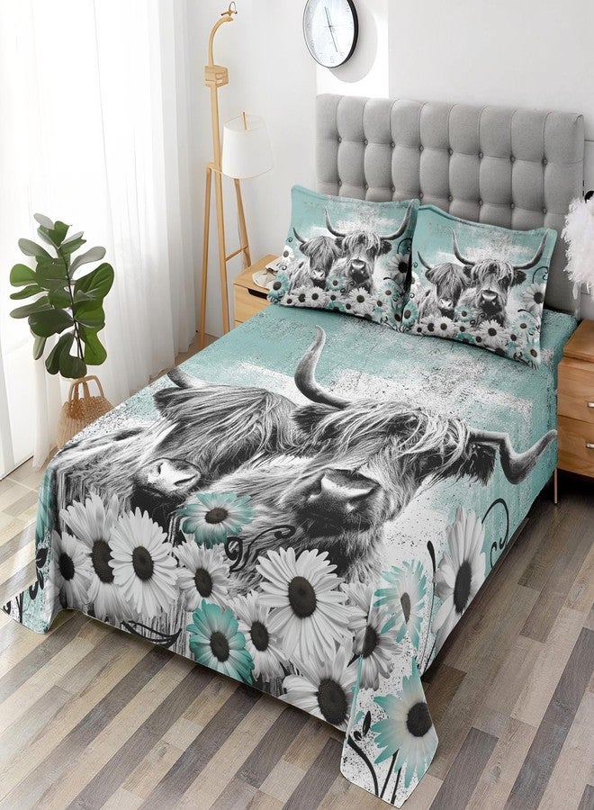 WeCozy 4 Pieces Full Size Bed Sheet Sets with Pillowcases, Highland Cow Animal Soft Microfiber Bedding for Kids and Adults, Farm Daisy Flat, Fitted Sheet for Bedroom Bed Decor - Image 5